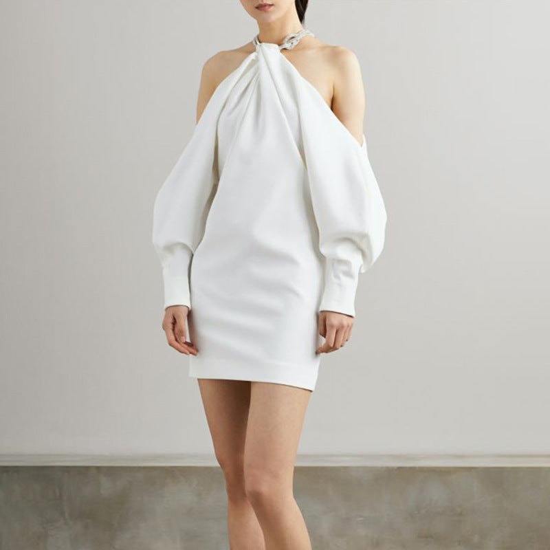 Hanging Neck Strapless Solid Color Short Hip Dress