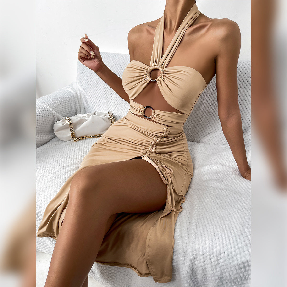 Drawstring halter halter pleated dress