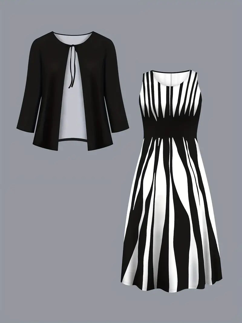 Geometric Print Plus Size Dress Long Sleeve Top Coat Long Skirt Two-piece Set