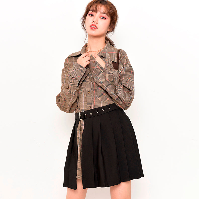 Ladies plaid shirt skirt suit