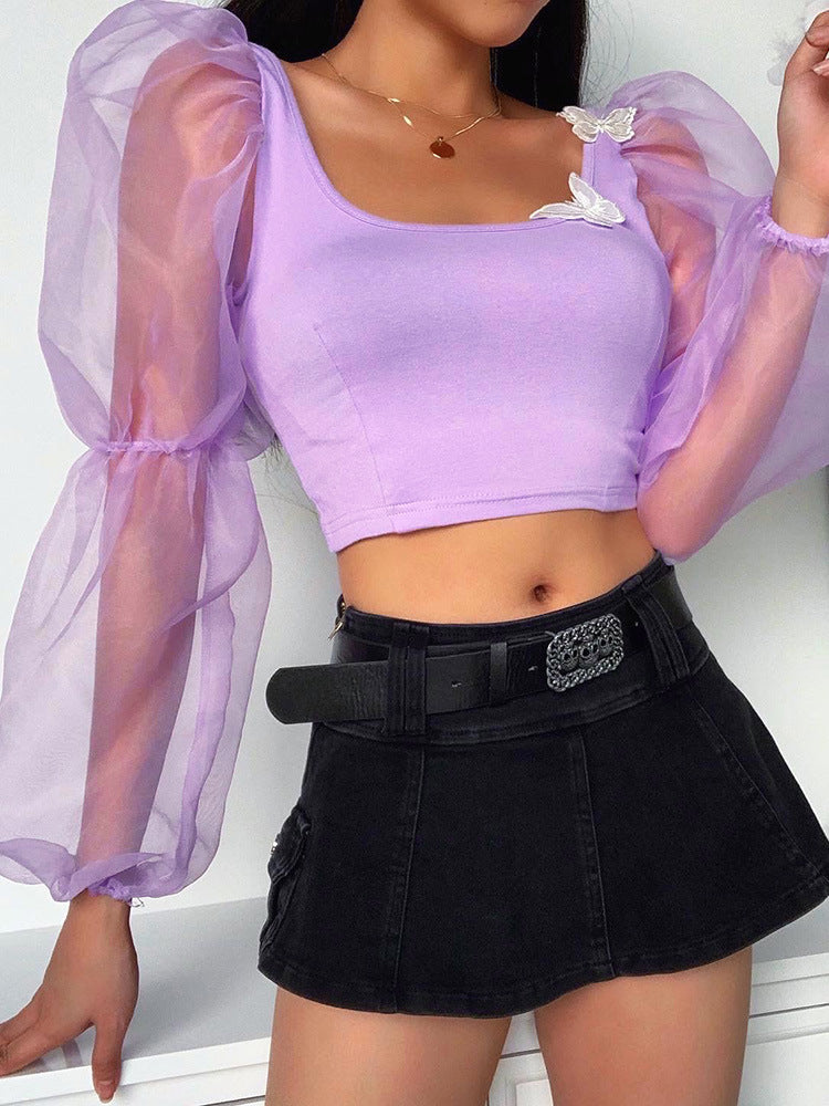 Mesh puff sleeve off-the-shoulder top