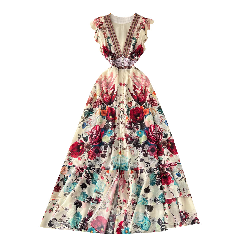 Women's Deep V-neck Lantern Sleeve Wavy Hem Wide Hem Printed Long Dress