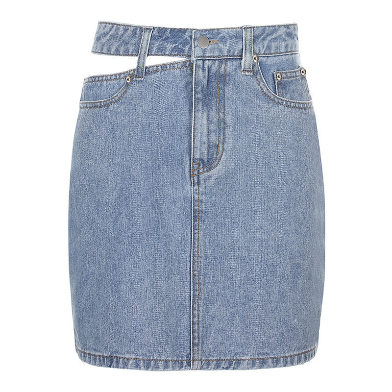 One side cutout denim skirt