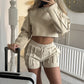 Casual Solid Color Hoodie Shorts Suit For Women