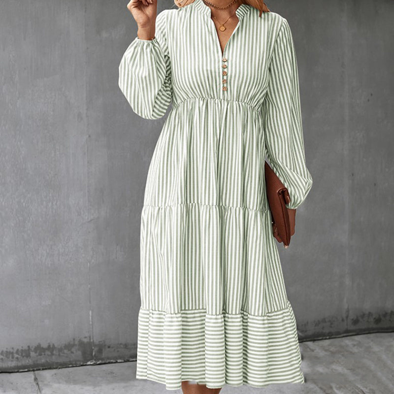 Robe d'automne européenne et américaine à rayures, manches longues, taille élastique