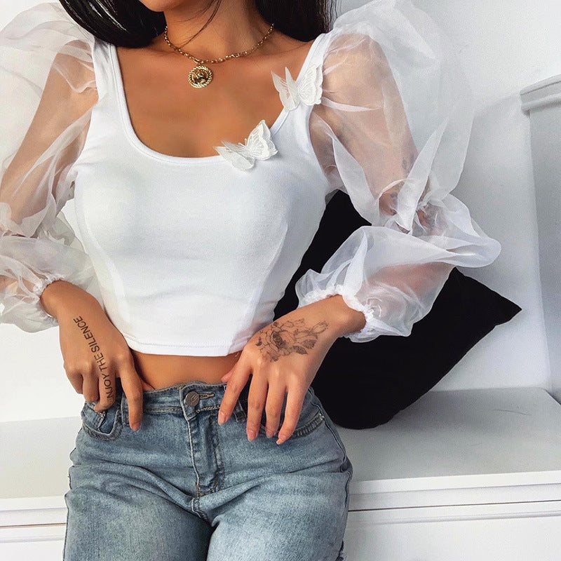 Mesh puff sleeve off-the-shoulder top
