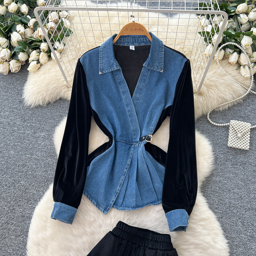 Chic Niche-style Blue Denim Spring Set With A French-inspired Cinched Waist For A Slimming Trendy Look