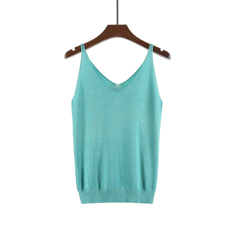 V-neck suspender knitted glitter vest