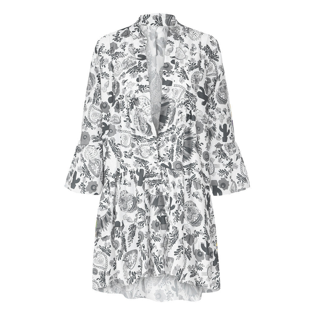 Women's printed button Ruffle shirt skirt