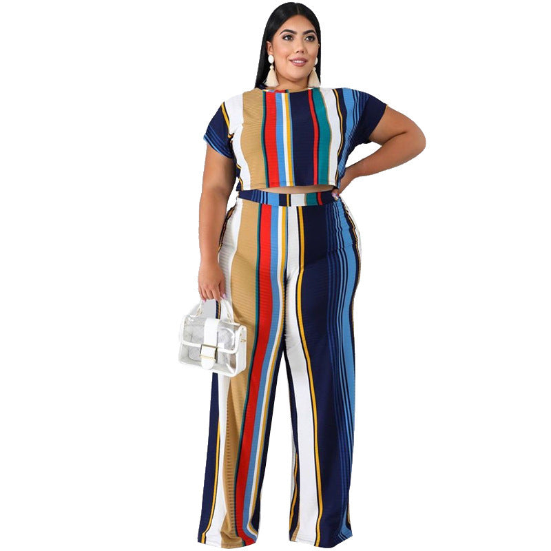 Ensemble deux pièces t-shirt moulant imprimé à rayures et pantalon droit
