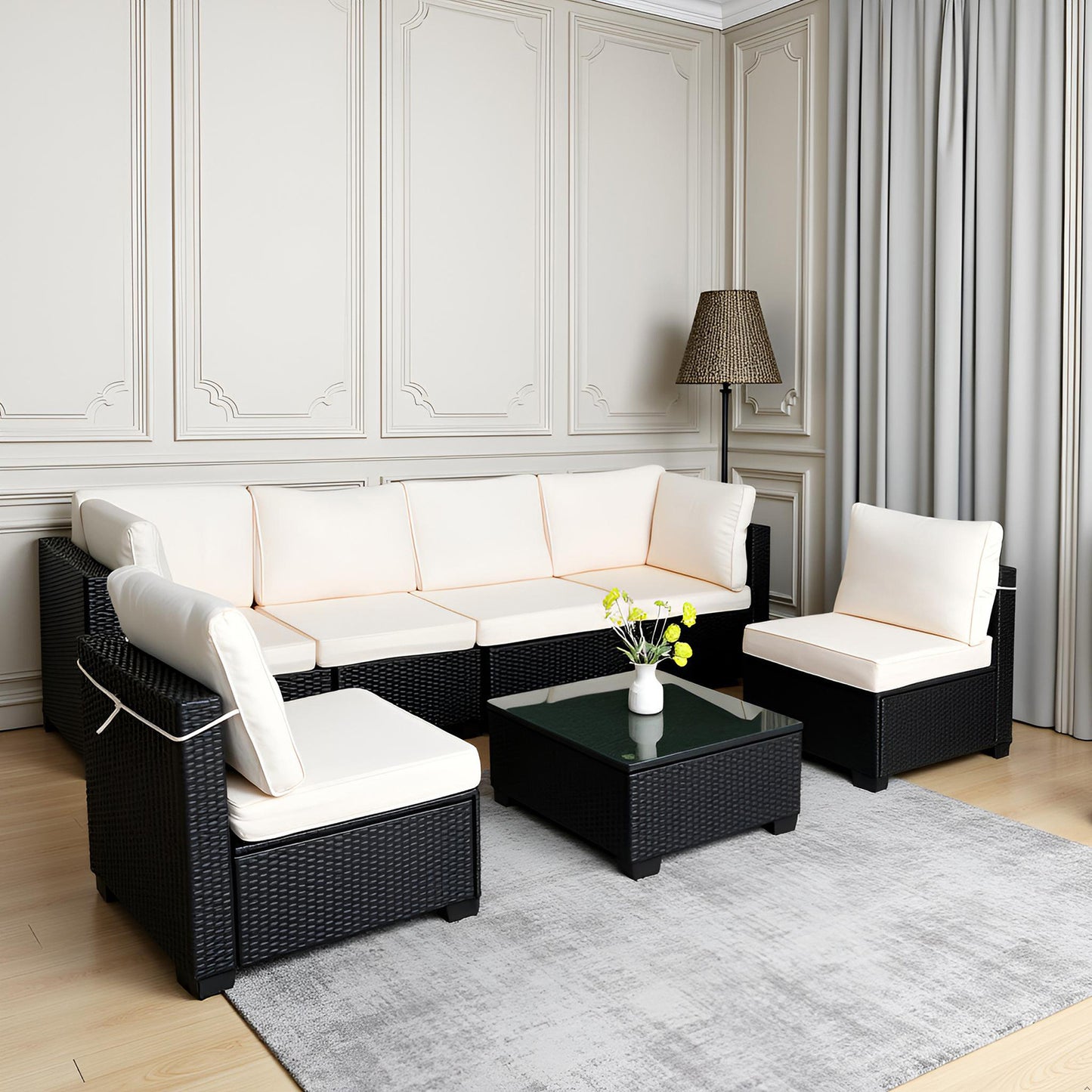 Selling Seven-Piece Sofa Set Table With Sofa Chair Black PE Rattan Outdoor New Design Furniture 7-JH002 Box 3-1-2-3 With White Color Cushion
