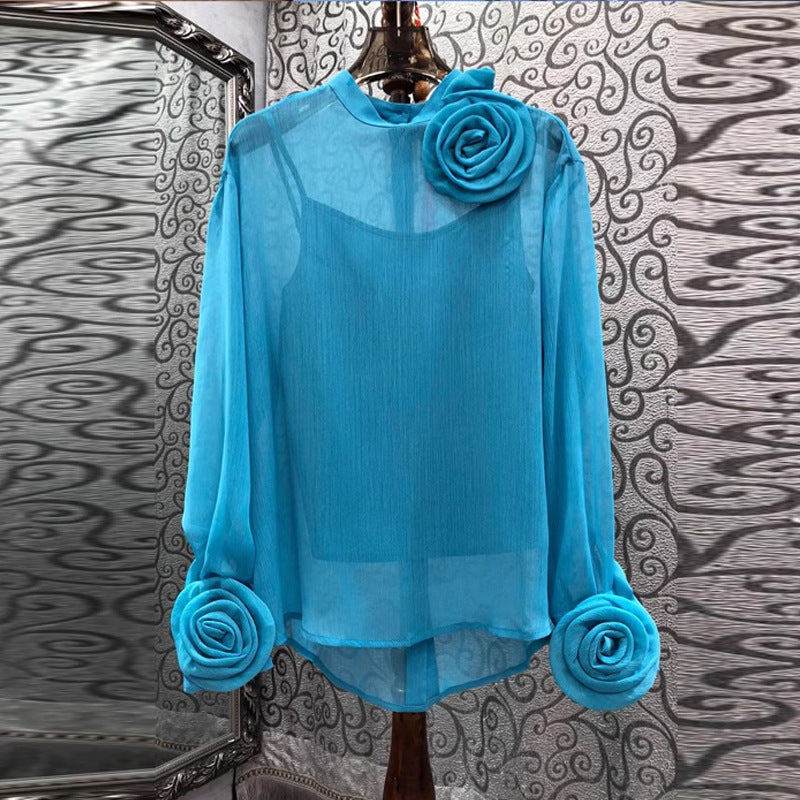 Three-dimensional Plate Flower Stand Collar Long Sleeve Slightly See-through Thin Two-piece Shirt