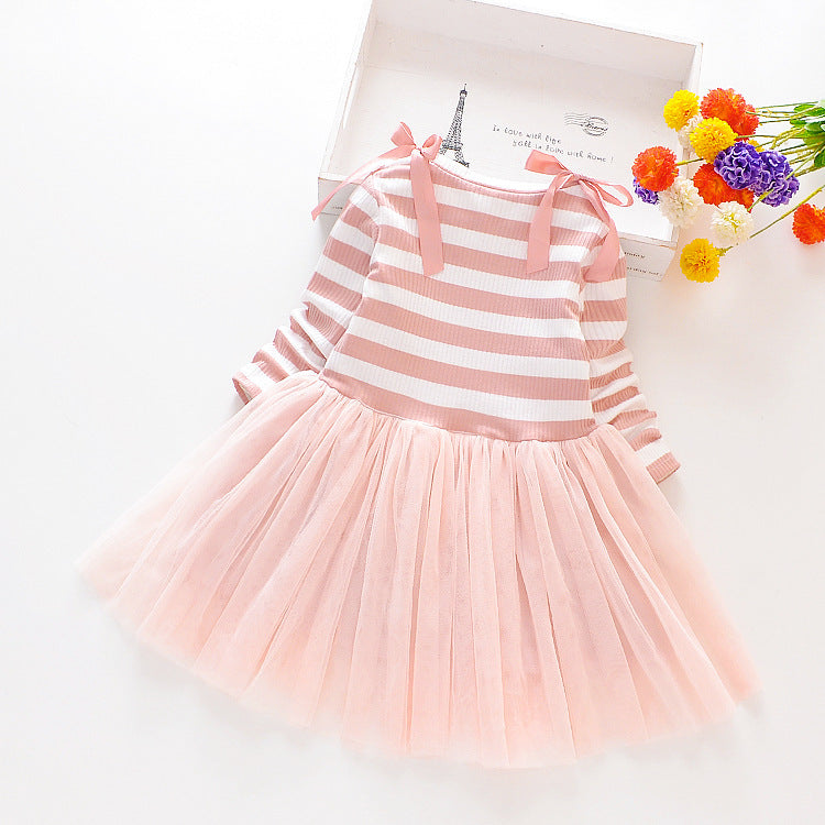 Robe patchwork en gaze à rayures et manches longues