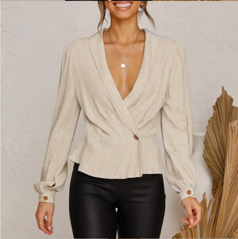 Solid color deep V-neck flared long sleeve top