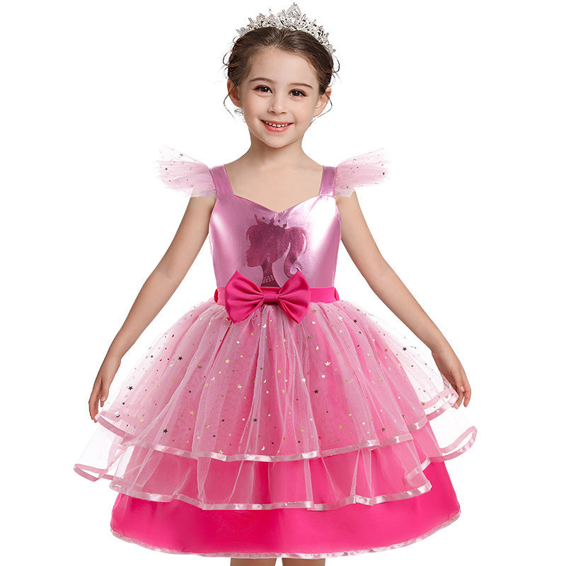 Girl's Simple Cartoon Printed Mesh Dress