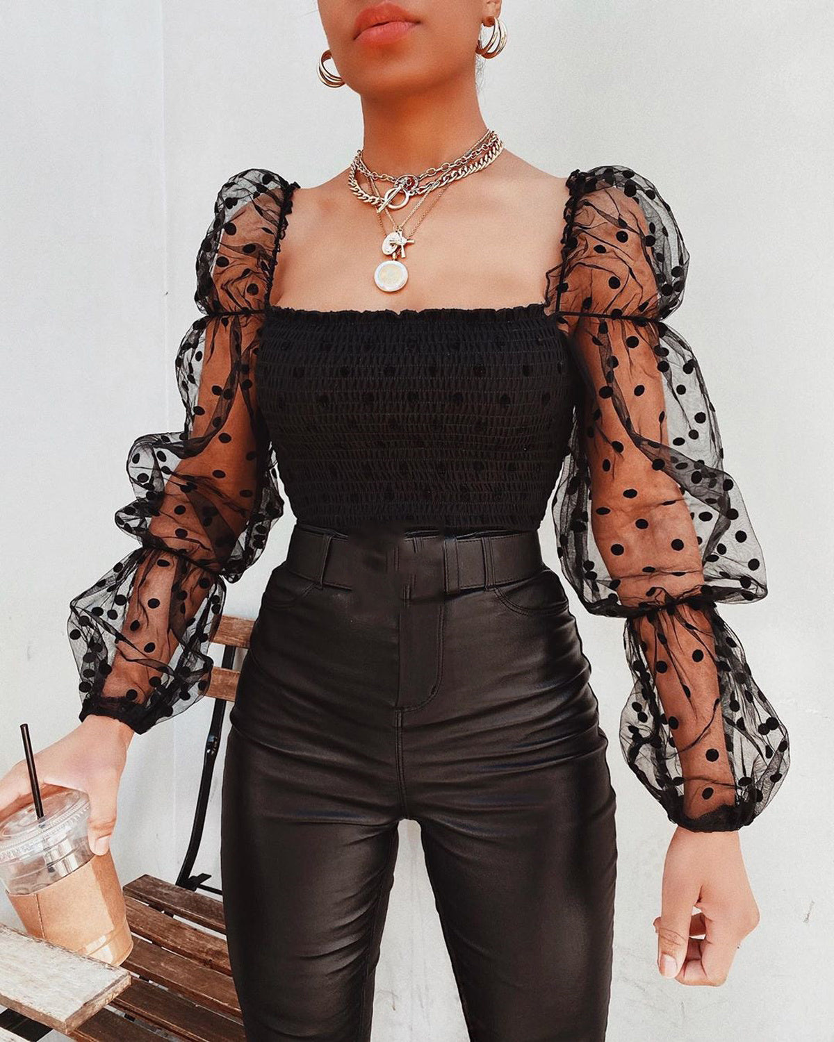Mesh puff sleeve off-the-shoulder top