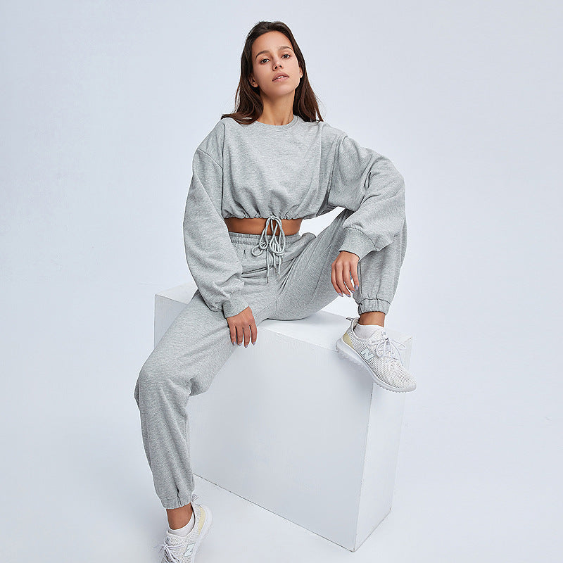 Ensemble deux pièces décontracté à manches longues et pantalon court pour femme