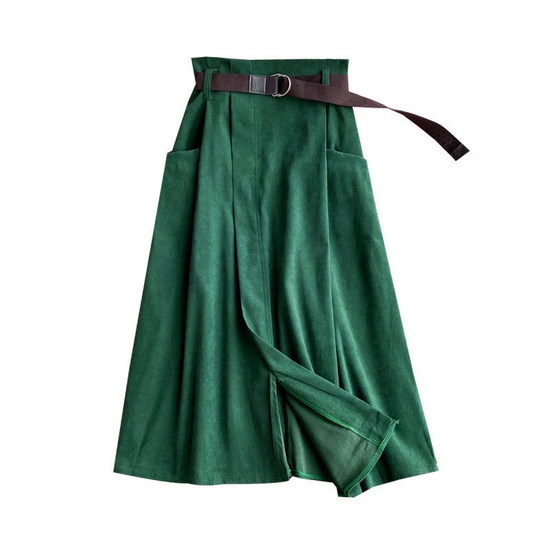 Jupe mi-longue irrégulière amincissante taille haute à poches artistiques de couleur unie