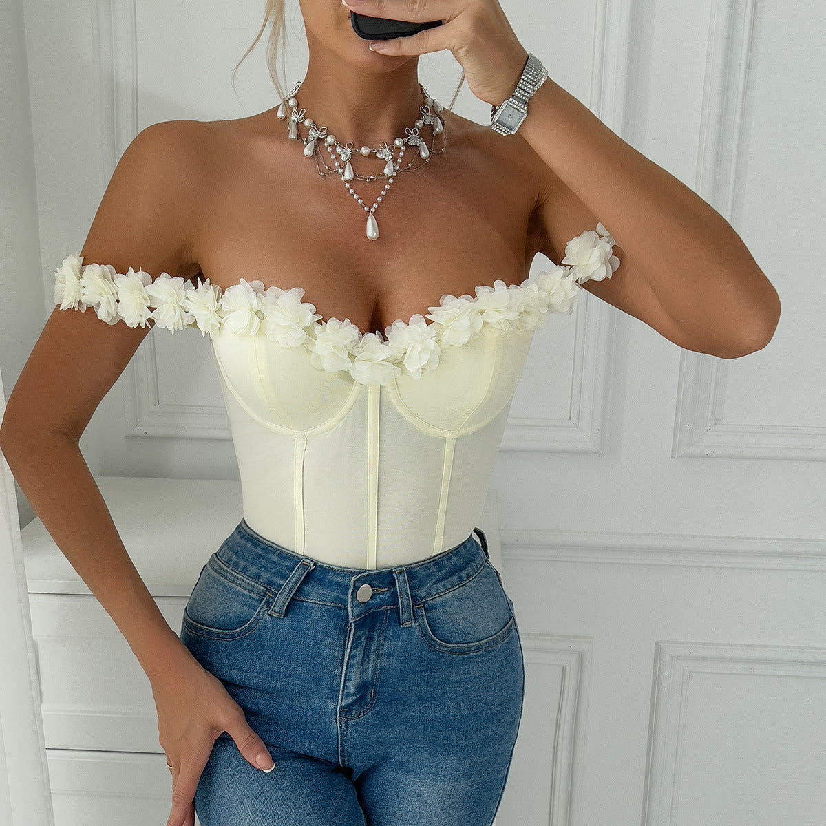 Three-dimensional Floral Off-shoulder Jumpsuit