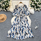 French Retro-Style High-End Printed Puff Sleeve Dress