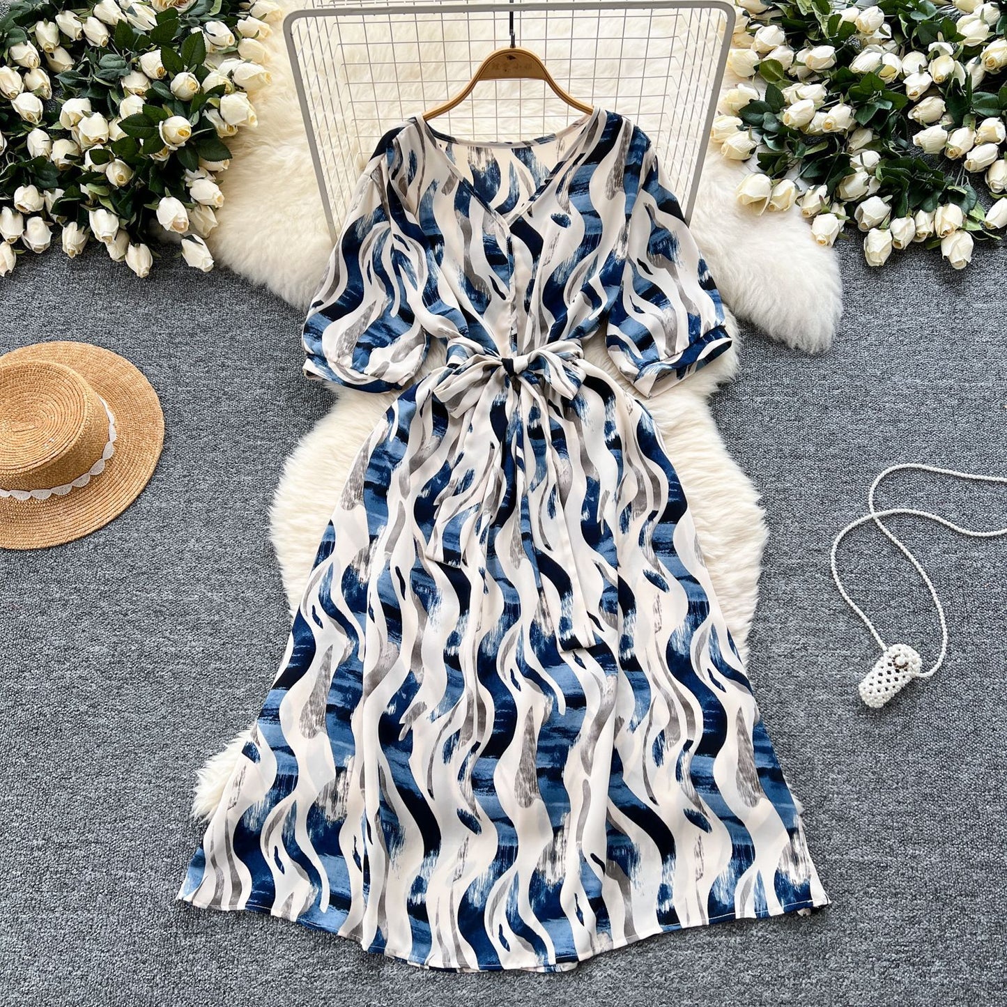 French Retro-Style High-End Printed Puff Sleeve Dress