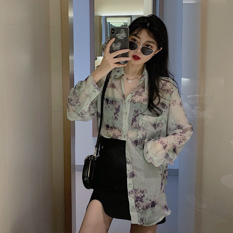 Ink Smudge Design Print Shirt Loose And Thin See-through Long-sleeved Sun Protection Jacket