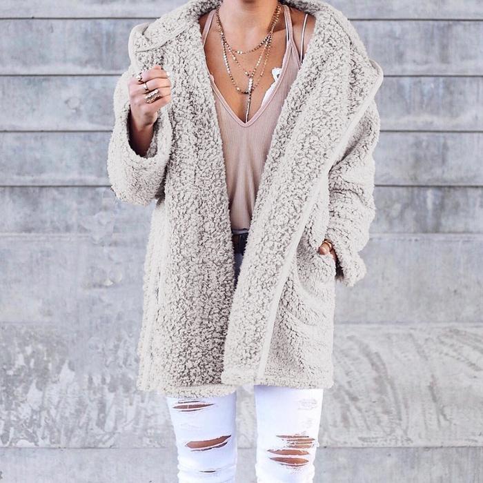 Pure color cardigan hooded lamb velvet coat top