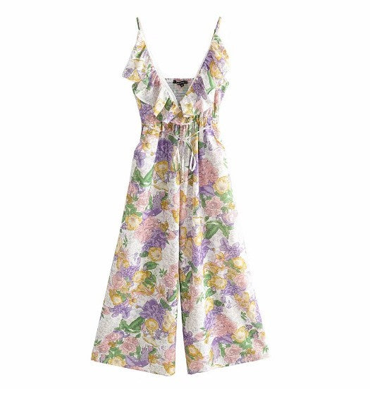 Dream Purple Print suspender Jumpsuit with ruffles