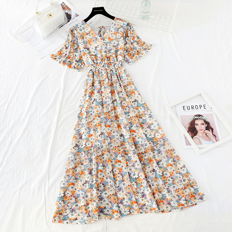 Chiffon Dress Female French Platycodon Floral Long Skirt Waist Was Thinner