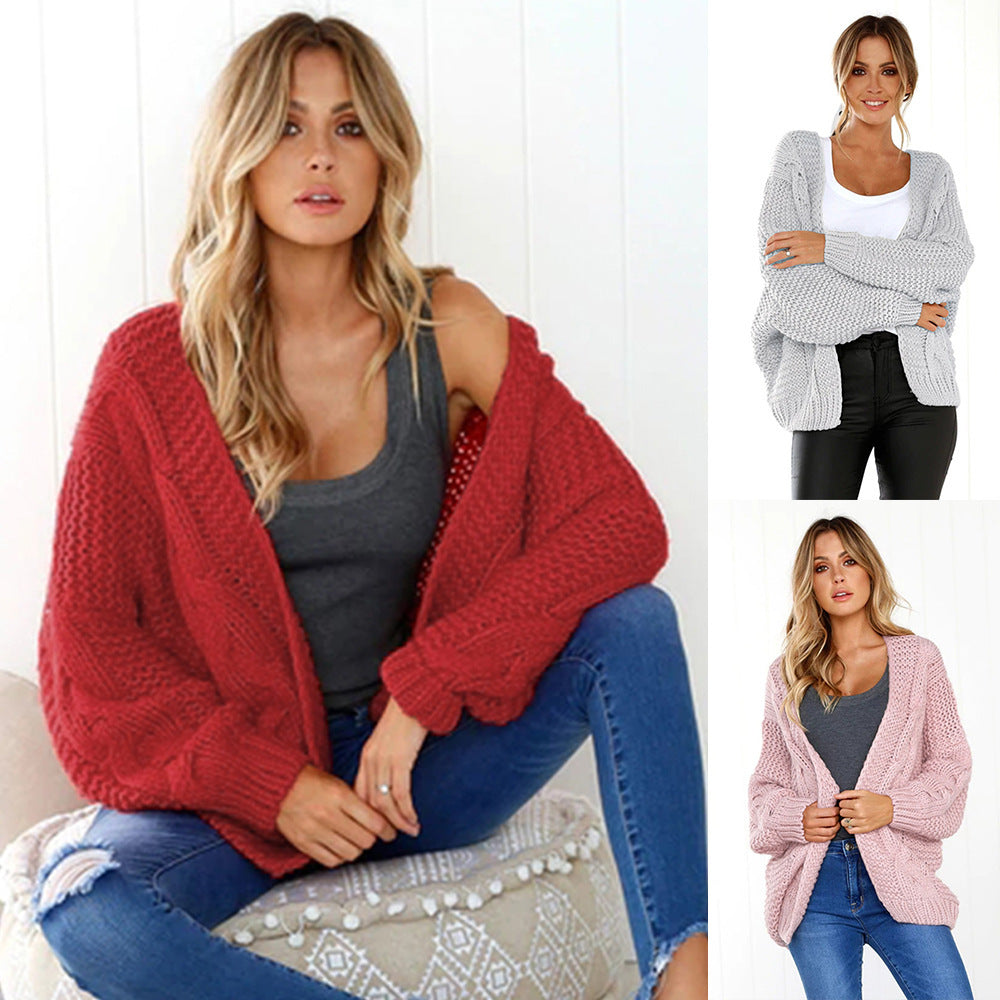 Three-color loose bat sleeve loose cardigan sweater
