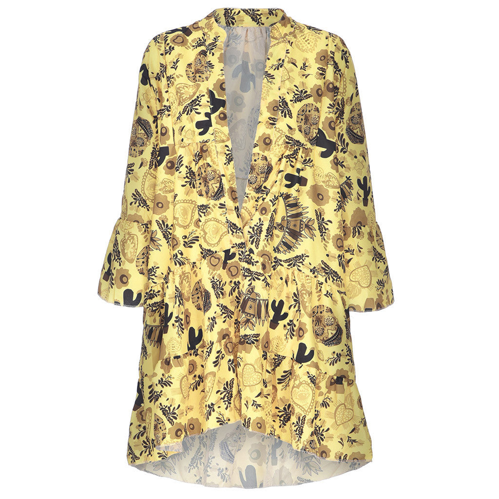 Women's printed button Ruffle shirt skirt