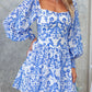 Square Collar Printed Long Sleeve Mini Dress Women