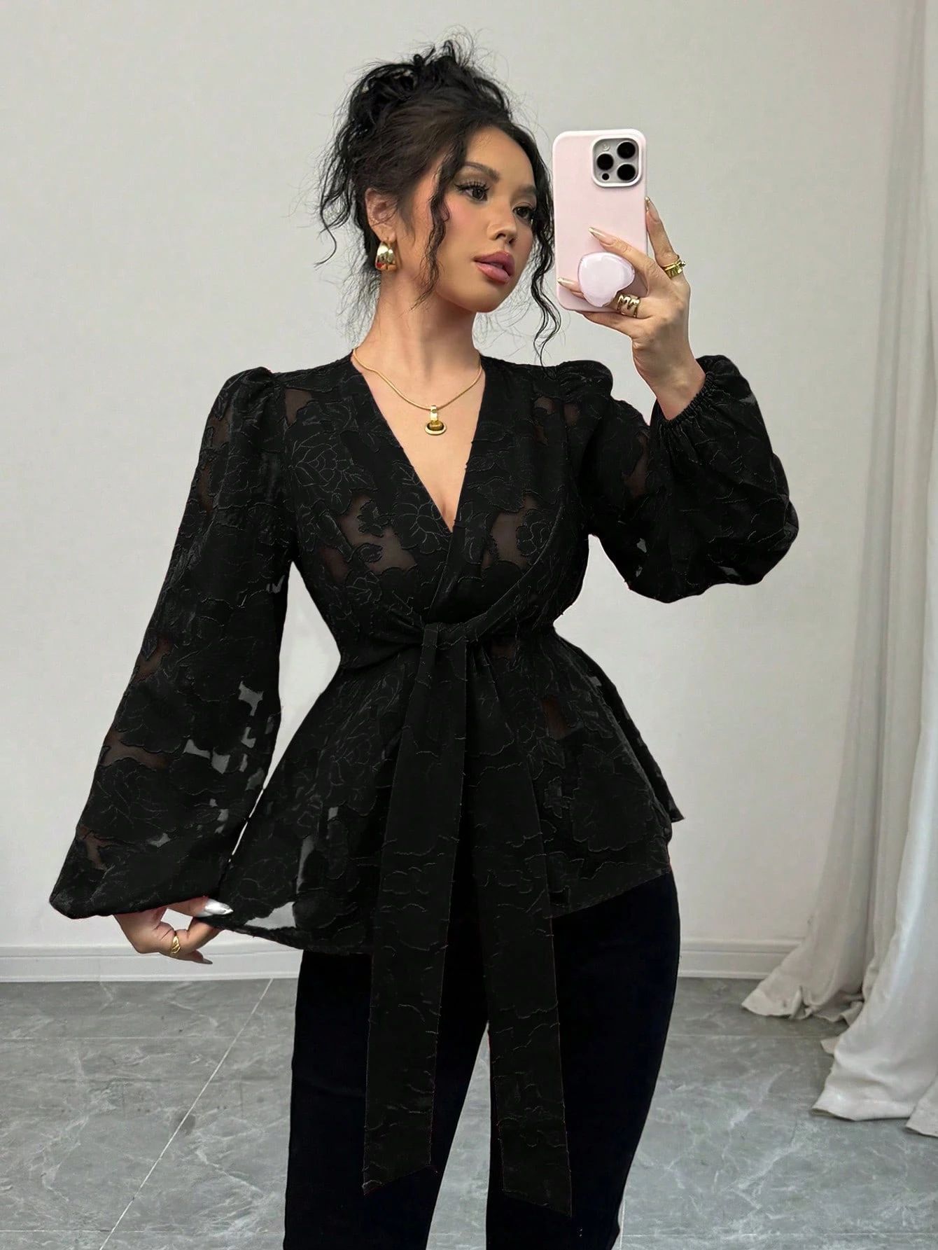 Fashionable Semi-transparent Long-sleeved V-neck Women's Shirt