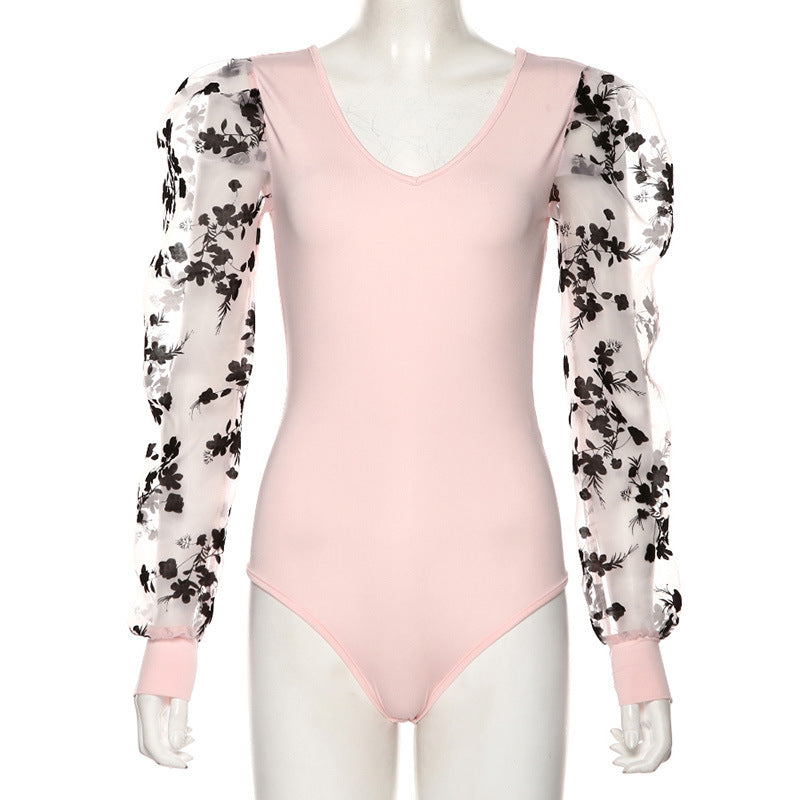 Round Neck Mesh Puff Sleeve Bodysuit