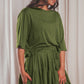 Round Neck Solid Color Half Sleeves Loose Top T-shirt Drawstring Pleated Skirt Commuter Suit