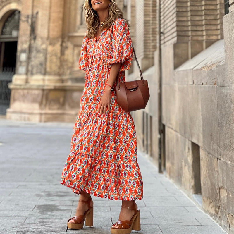 Robe d'été bohème vintage imprimée pour femme, élégante, décontractée, ample, col en V, manches courtes, longue