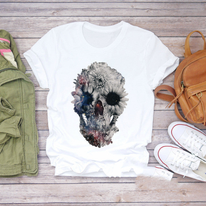 T-shirt personnalisé pour femme avec imprimé tête de mort, papillon et plante