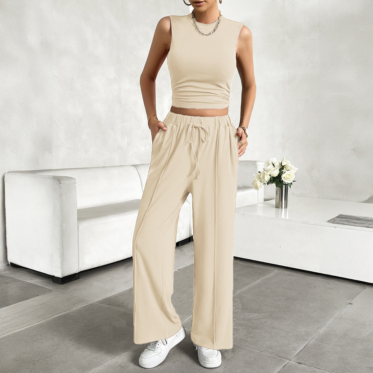 Urban Casual Solid Color Top Vest Pants Suit