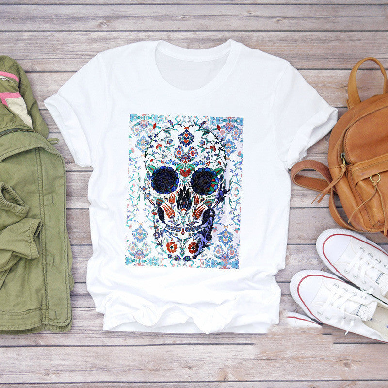 T-shirt personnalisé pour femme avec imprimé tête de mort, papillon et plante