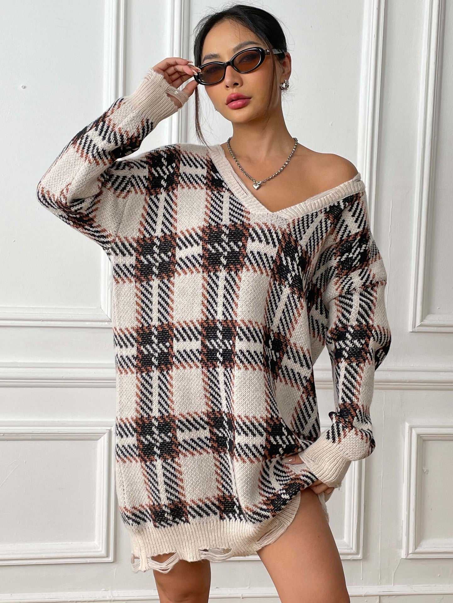 Robe à carreaux à col en V, décontractée, ample, à manches longues, vêtements pour femmes, automne et hiver