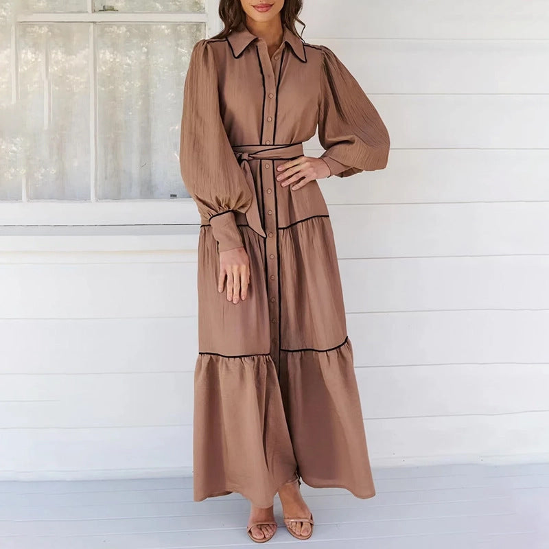 Robe élégante, style rétro simple, col polo, manches bouffantes, taille haute, couleur unie, bordure rayée, pour femme