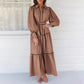 Robe élégante, style rétro simple, col polo, manches bouffantes, taille haute, couleur unie, bordure rayée, pour femme