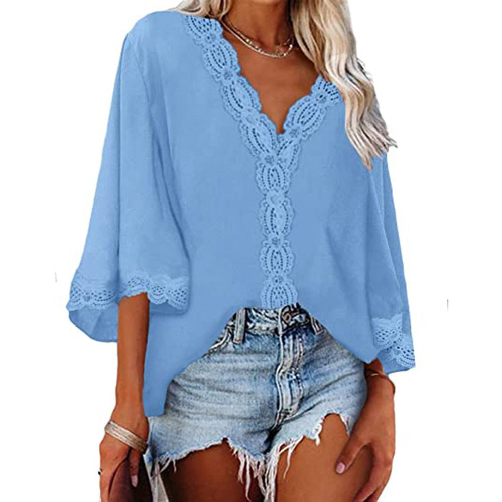 Ladies Bell Sleeve V Neck Lace Shirt