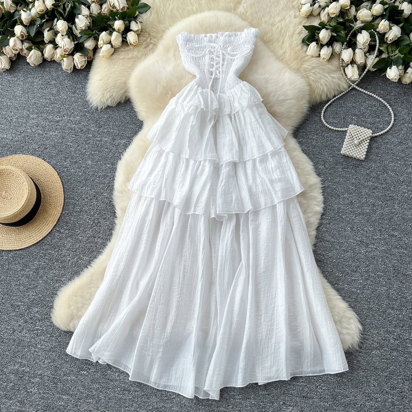 Design Sense Lace-up Waist-controlled Sleeveless Tube Top Ruffled Long Skirt