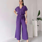 Women's V-neck Single Breasted High Waisted Lace Up Straight Leg Jumpsuit Pants