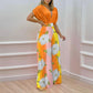 Women's Fashion Casual Temperament V-neck Print Wide Leg Pants