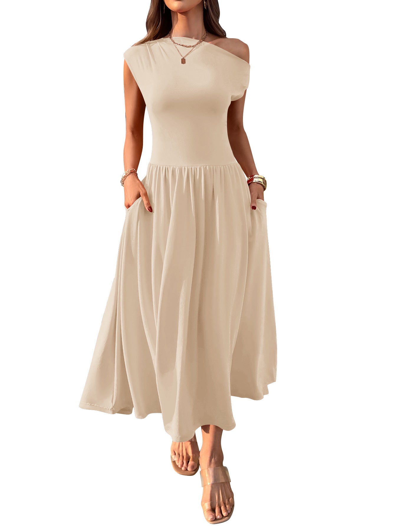 Slant Shoulder Waist Trimming Long With Pocket Dress