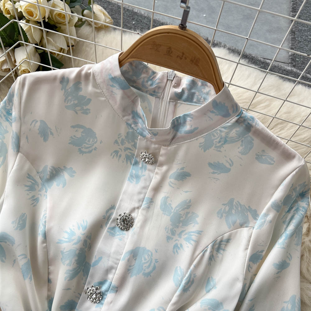 Stand Collar Stitching Floral Chiffon Dress