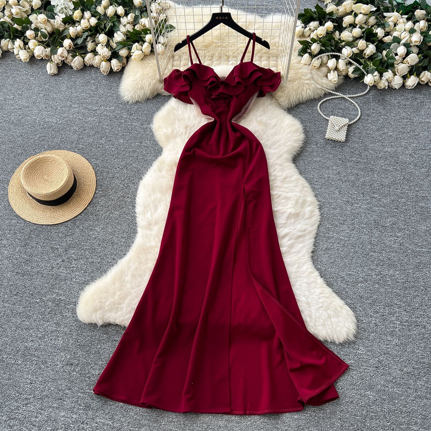 Off-the-shoulder Strap Mesh Patchwork Waist-cinched Slit Dress