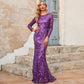 Robe de soirée longue violette à col rond